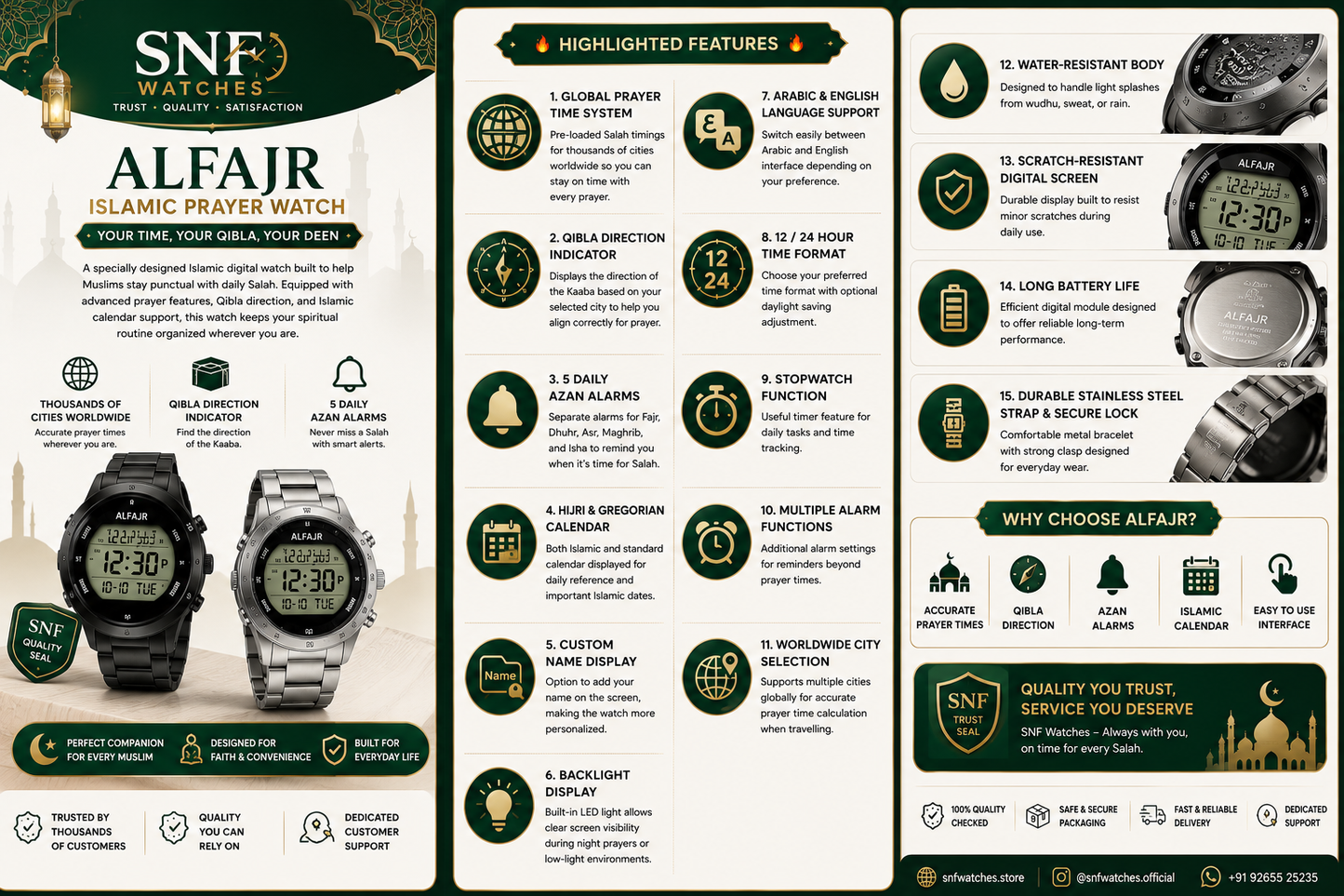 Alfajr Square Islamic Watch WS-06S Mix In Gold
