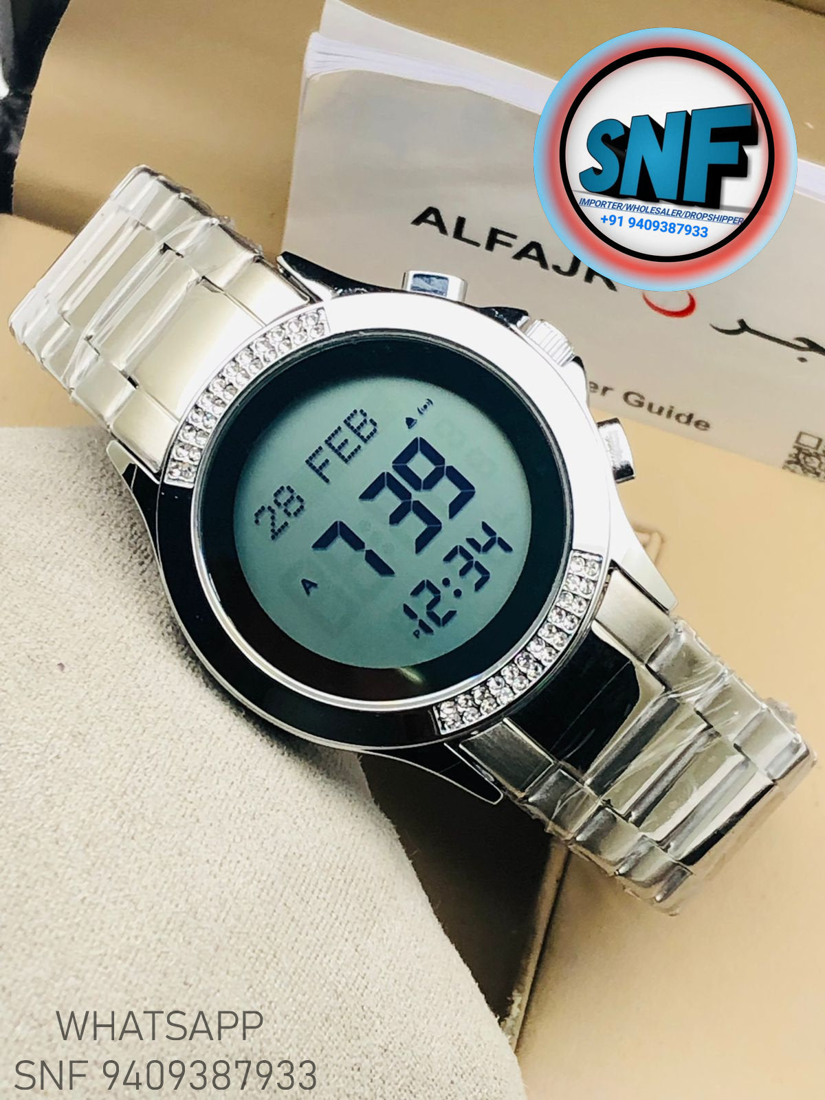 Alfajr Round Islamic Watch  WR-02 Full Silver Diamond Edition