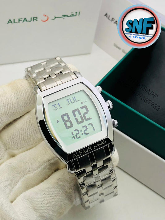 Alfajr Barrel Shape Islamic Digital Watch SNF-6260 Full Silver