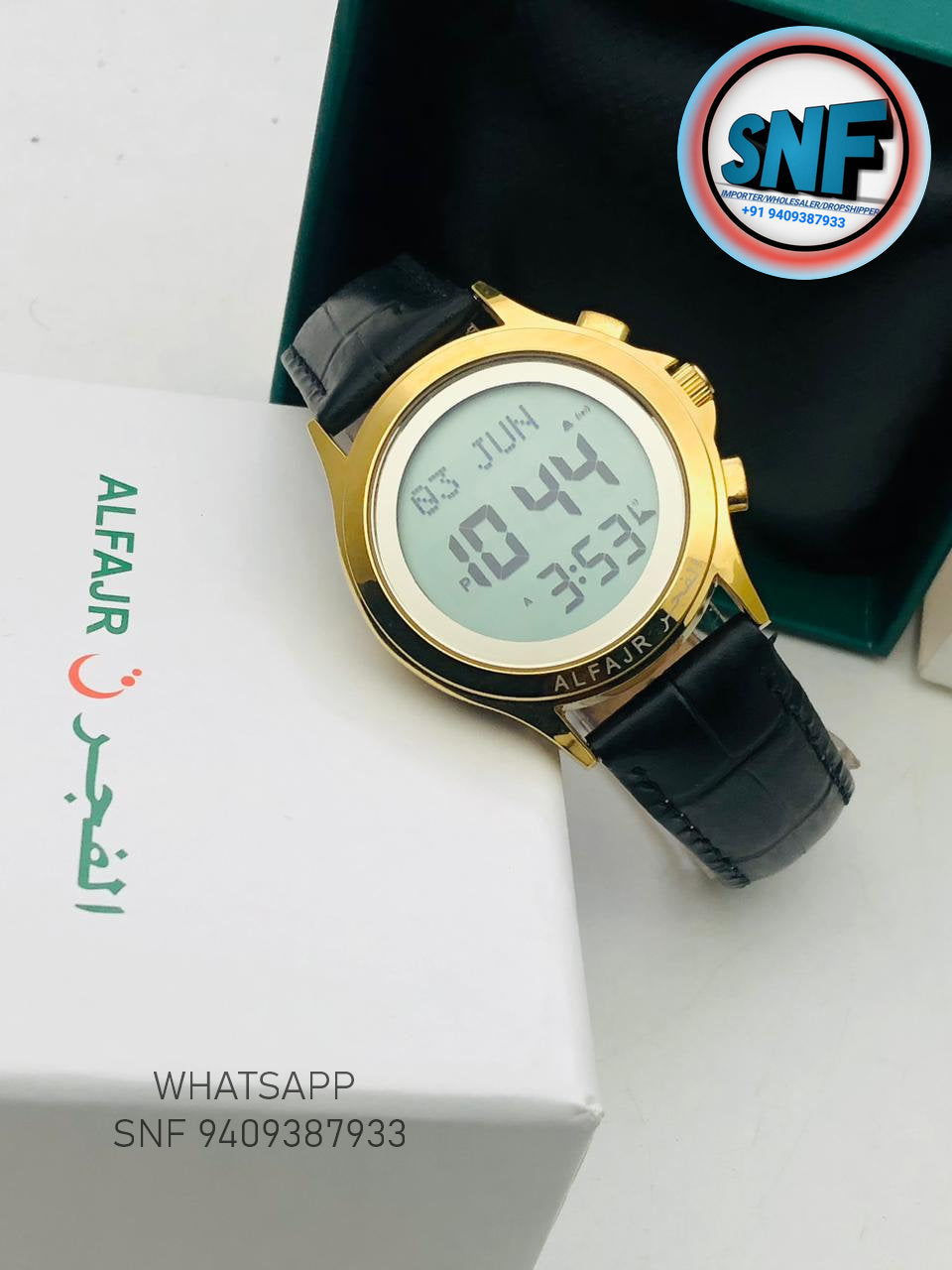 Alfajr Classic Watch Round WR-02L Black Leather Strap Gold Dial