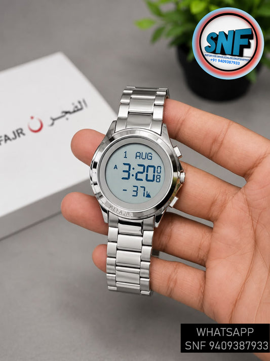 Alfajr Classic Round Shape Islamic Digital Watch WR-02 Full Silver