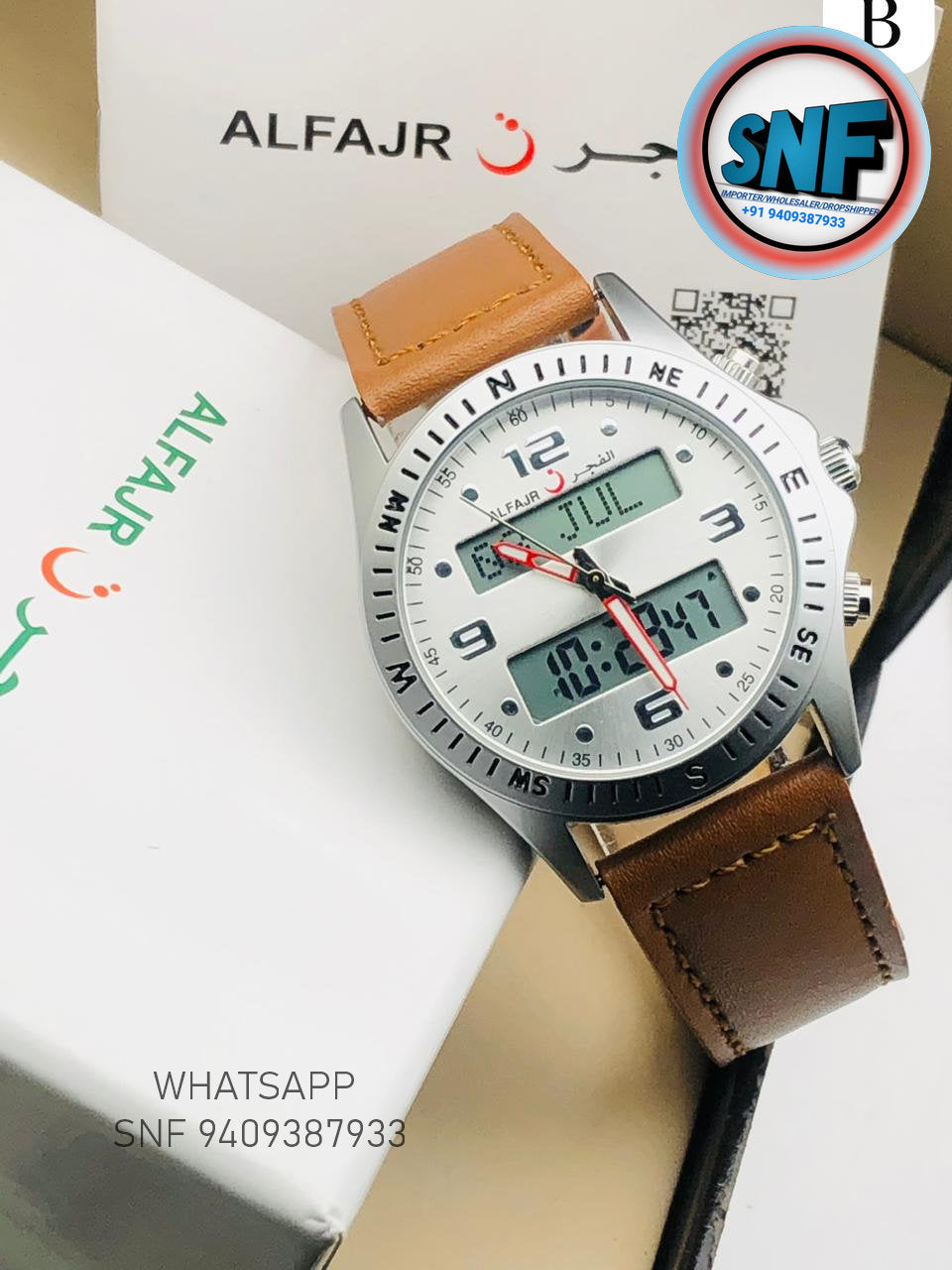 Alfajr Dual Brown Leather Belt Islamic Watch SNF3504