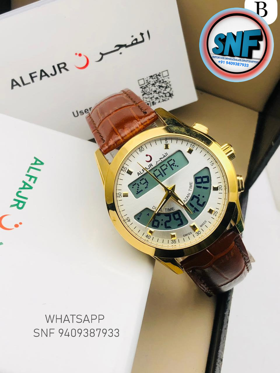 Alfajr Dual Brown Leather Belt Islamic Watch SNF3505