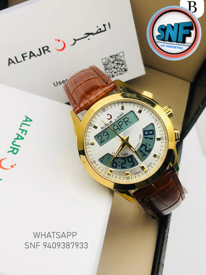 Alfajr Dual Brown Leather Belt Islamic Watch SNF3505