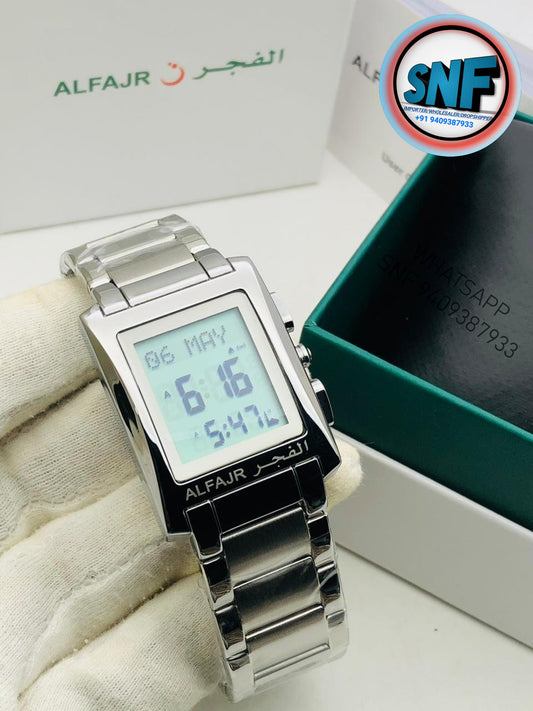 Alfajr Square Islamic Watch WL-08S Full Silver Corner
