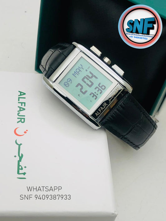 Alfajr Square Islamic Digital Watch WS-06L Black Leather Silver Dial