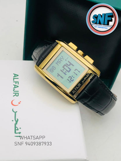 Alfajr Square Islamic Digital Leather  Watch  WS-06L Black Belt Gold Dial