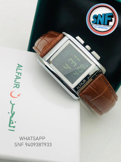 Alfajr Square Islamic Digital Watch WS-06L Brown Belt Black-Silv Dial
