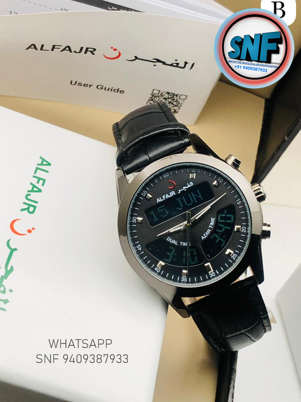 Alfajr Dual Black Leather Belt Islamic Watch SNF3501