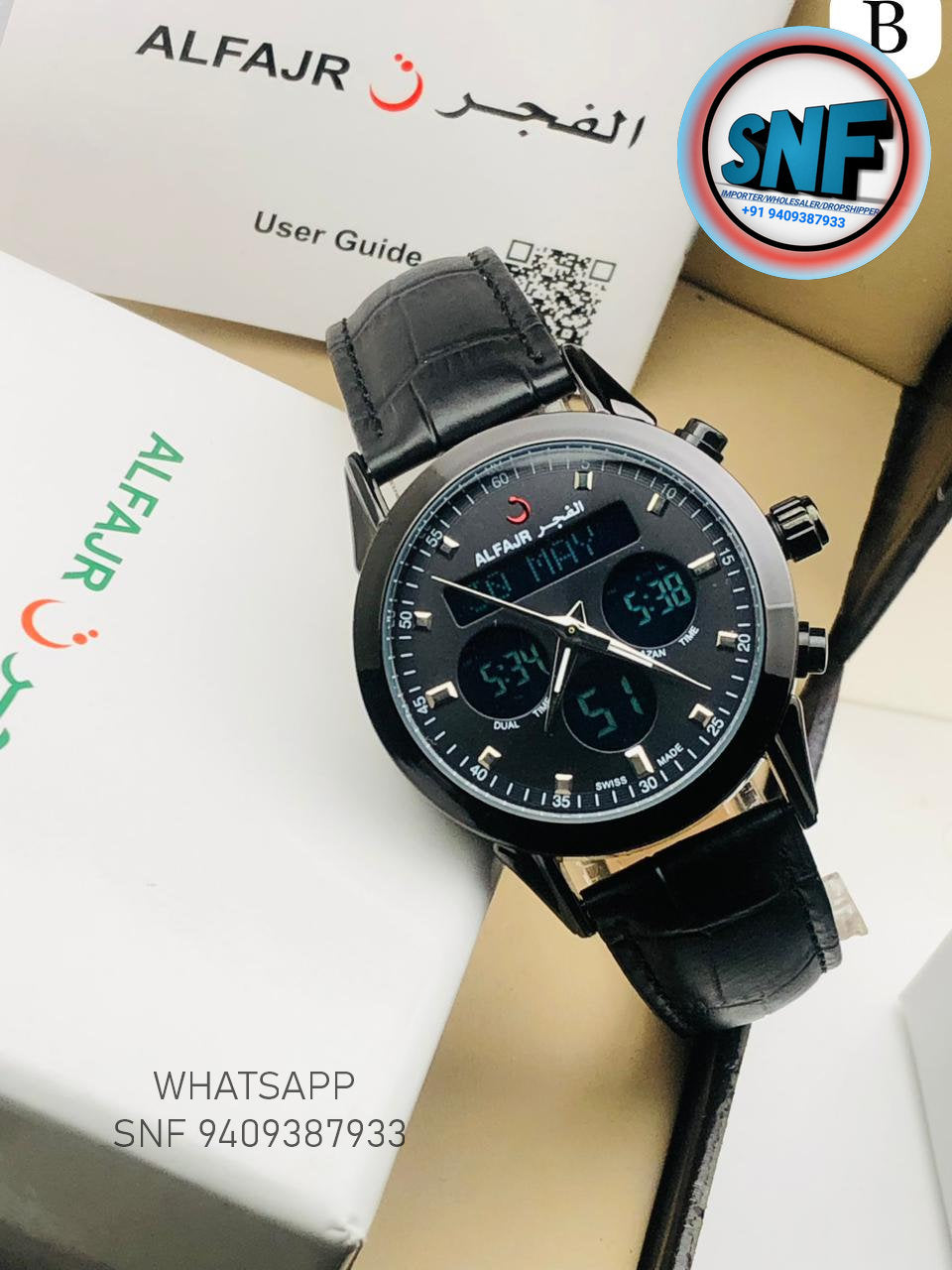 Alfajr Dual Black Leather Belt Islamic Watch SNF3502