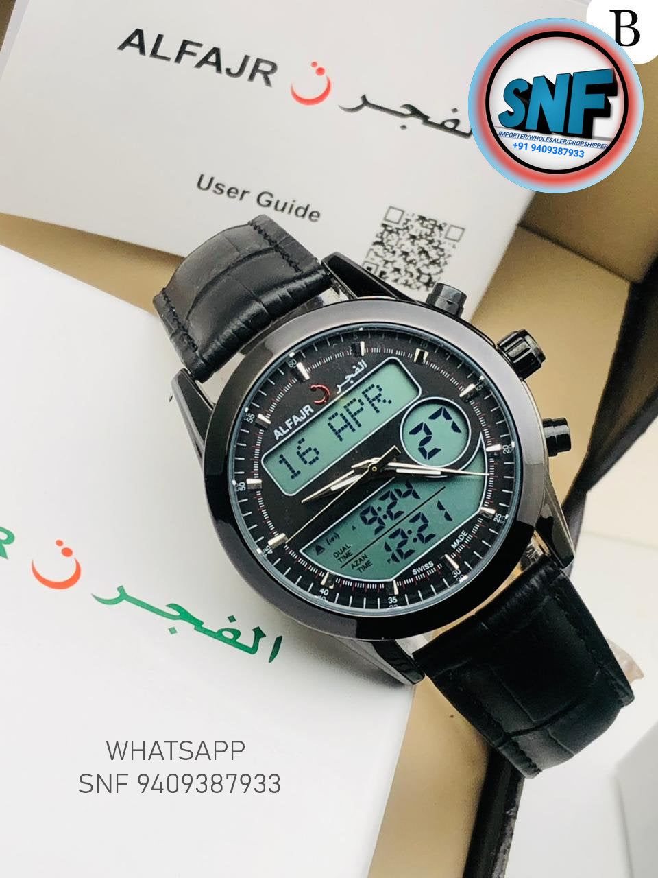 Alfajr Dual Black Leather Belt Islamic Watch SNF3503