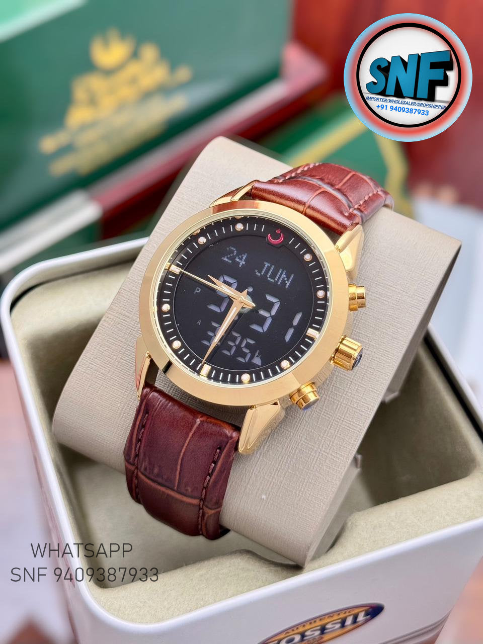 Alsalah Dual Leather Belt Islamic Azan Watch Gold Bezel Black Dial