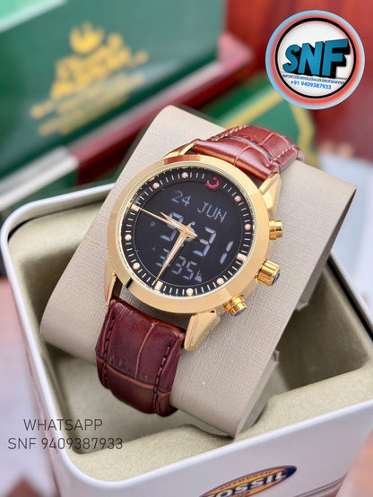 Alsalah Dual Leather Belt Islamic Azan Watch Gold Bezel Black Dial