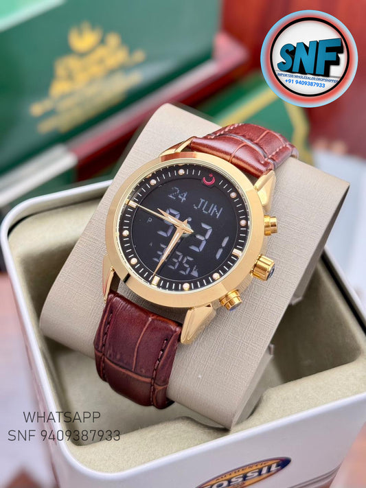 Alsalah Dual Leather Belt Islamic Azan Watch Gold Bezel Black Dial