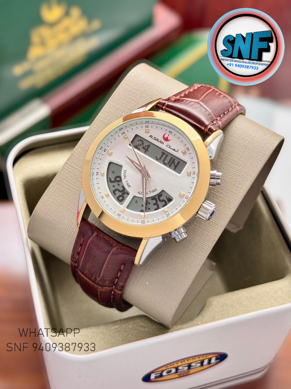 Alsalah Dual Leather Belt Islamic Azan Watch  2Tone Bezel White Dial