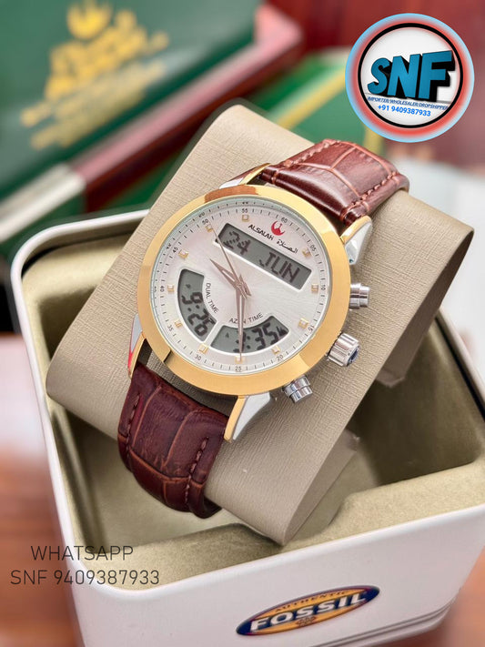 Alsalah Dual Leather Belt Islamic Azan Watch  2Tone Bezel White Dial