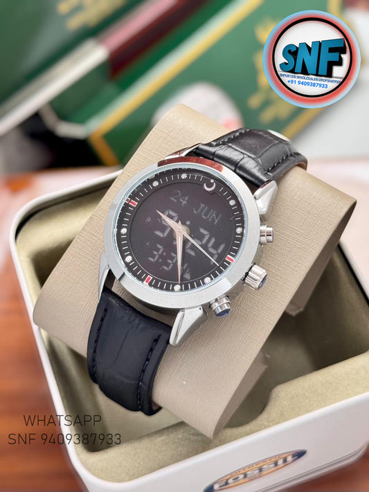 Alsalah Dual Leather Belt Islamic Azan Watch Silver Bezel Black Dial
