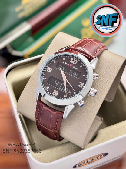 Alsalah Dual Leather Belt Islamic Azan Watch Silver bezel black Dial