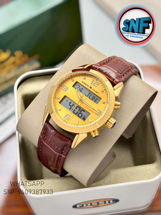 Alsalah Dual Leather Belt Islamic Azan Watch  Full Gold