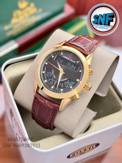 Alsalah Dual Leather Belt Islamic Azan Watch  Gold Bezel Black Dial 2