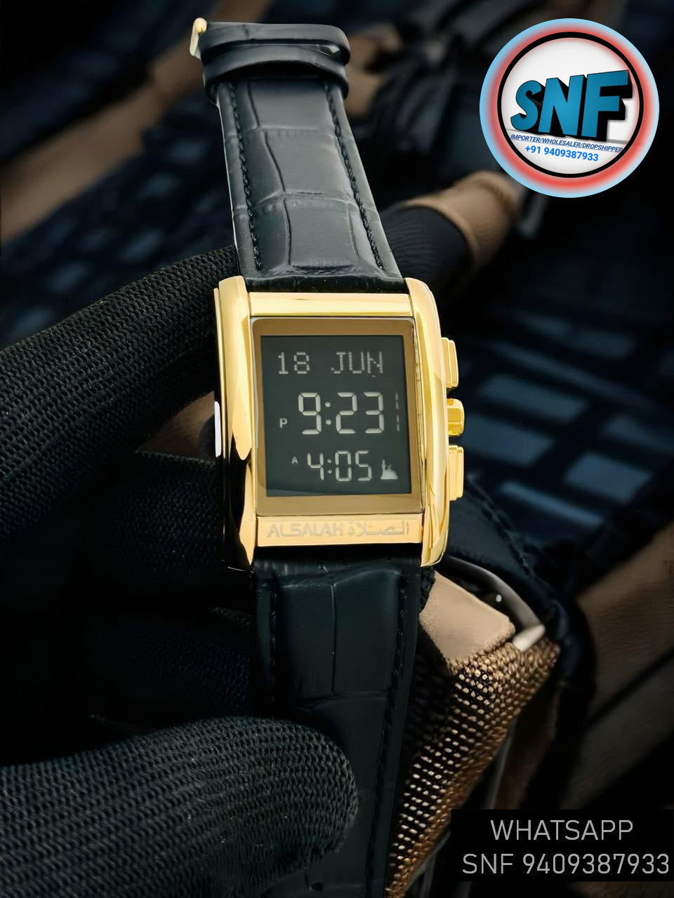 Alsalah Islamic Azan Watch WS-06L Black Leather Strap With Gold Black Dial