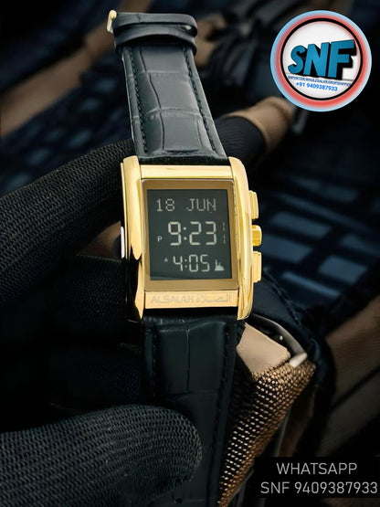Alsalah Islamic Azan Watch WS-06L Black Leather Strap With Gold Black Dial