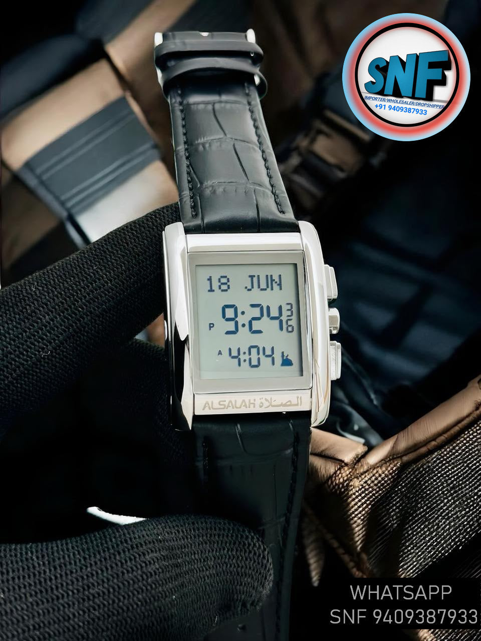 Alsalah Islamic Azan Watch WS-06L Black Leather Strap With Silver White Dial