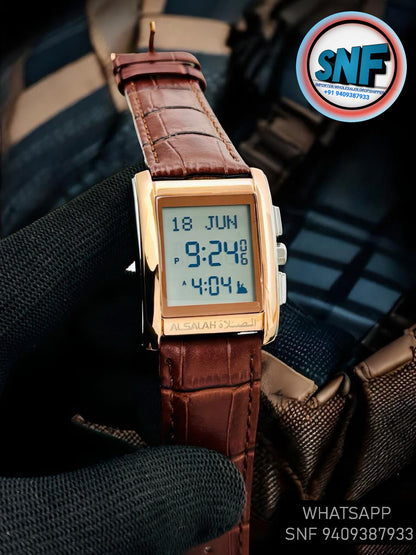 Alsalah Islamic Azan Watch WS-06L Brown Leather Strap With Gold White Dial
