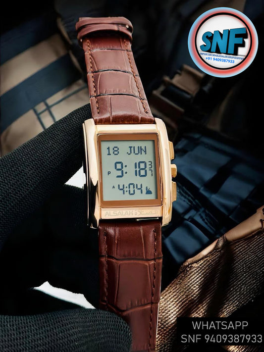 Alsalah Islamic Azan Watch WS-06L Brown Leather Strap With Copper White Dial