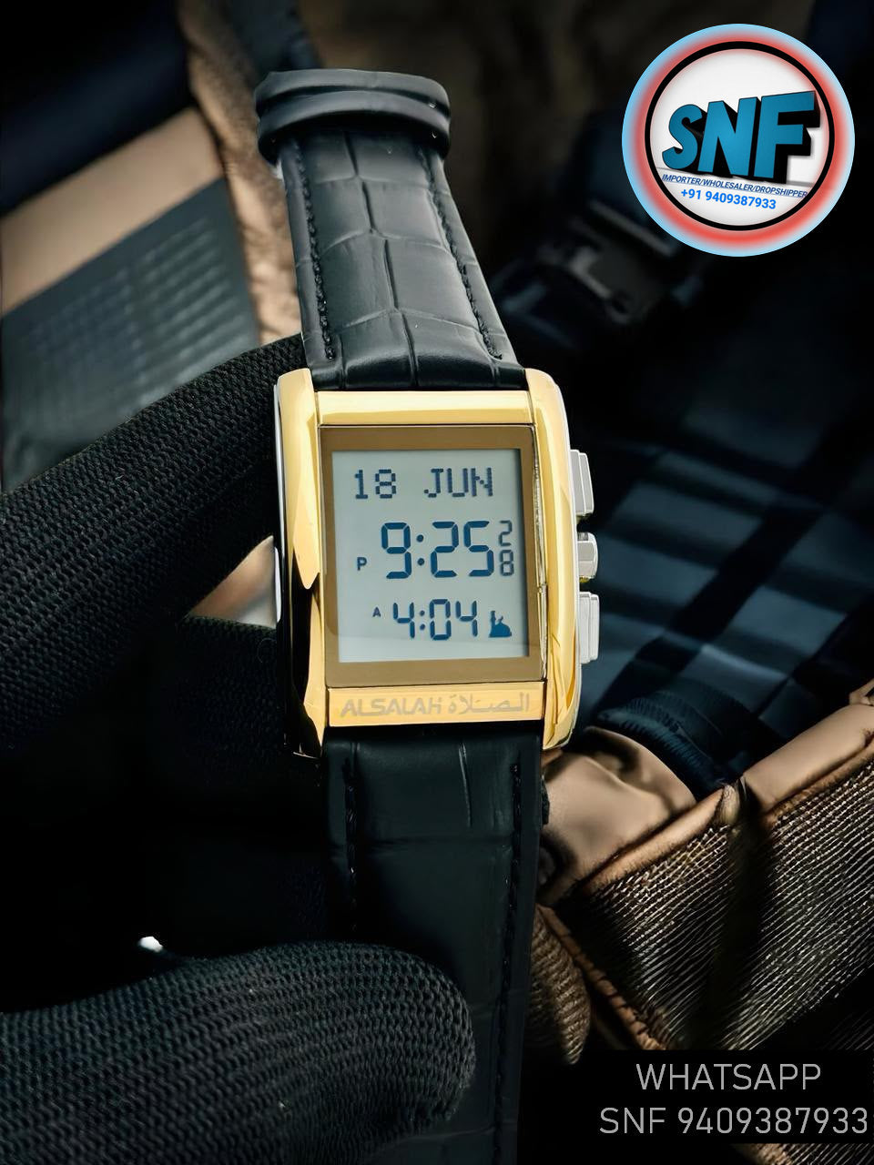 Alsalah Islamic Azan Watch WS-06L Black Leather Strap With Gold White Dial