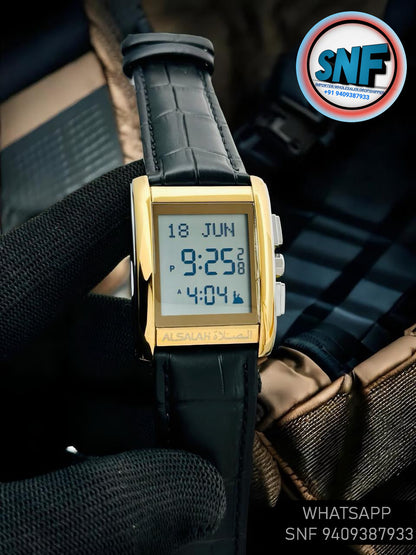 Alsalah Islamic Azan Watch WS-06L Black Leather Strap With Gold White Dial