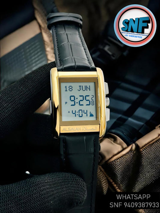 Alsalah Islamic Azan Watch WS-06L Black Leather Strap With Gold White Dial