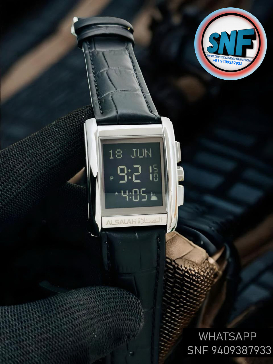 Alsalah Islamic Azan Watch WS-06L Black Leather Strap With Silver Black Dial