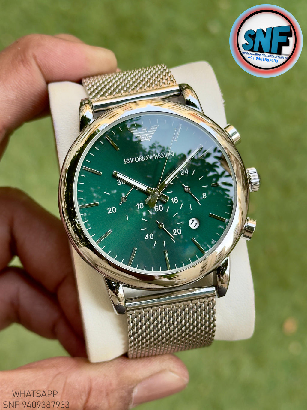 Emporio Armani AR1811 The Sleek Milanese Mesh strap and Bold Green Dial