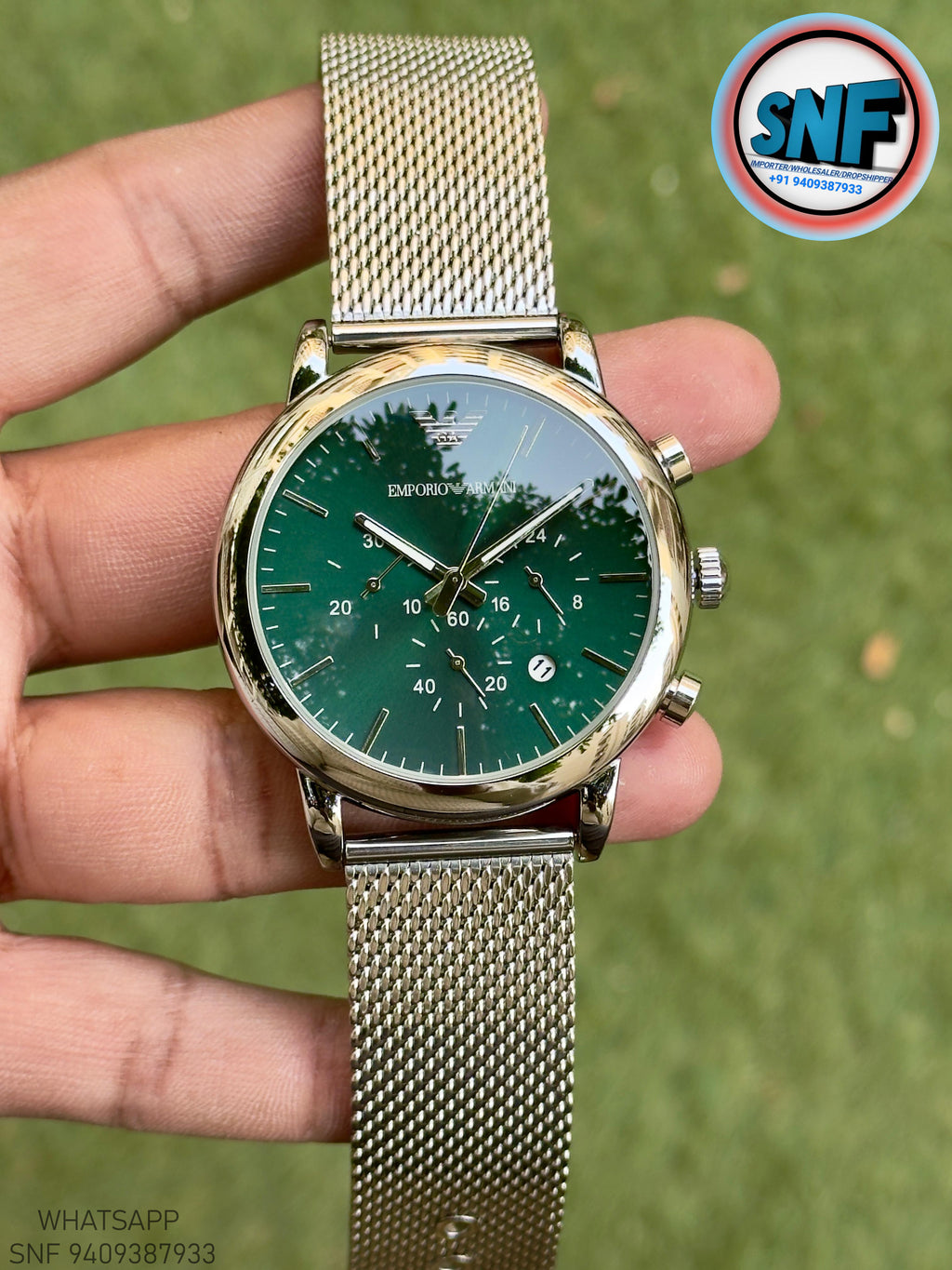Emporio Armani AR1811 The Sleek Milanese Mesh strap and Bold Green Dial