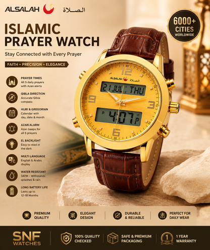 Alsalah Dual Leather Belt Islamic Azan Watch Gold Bezel Black Dial