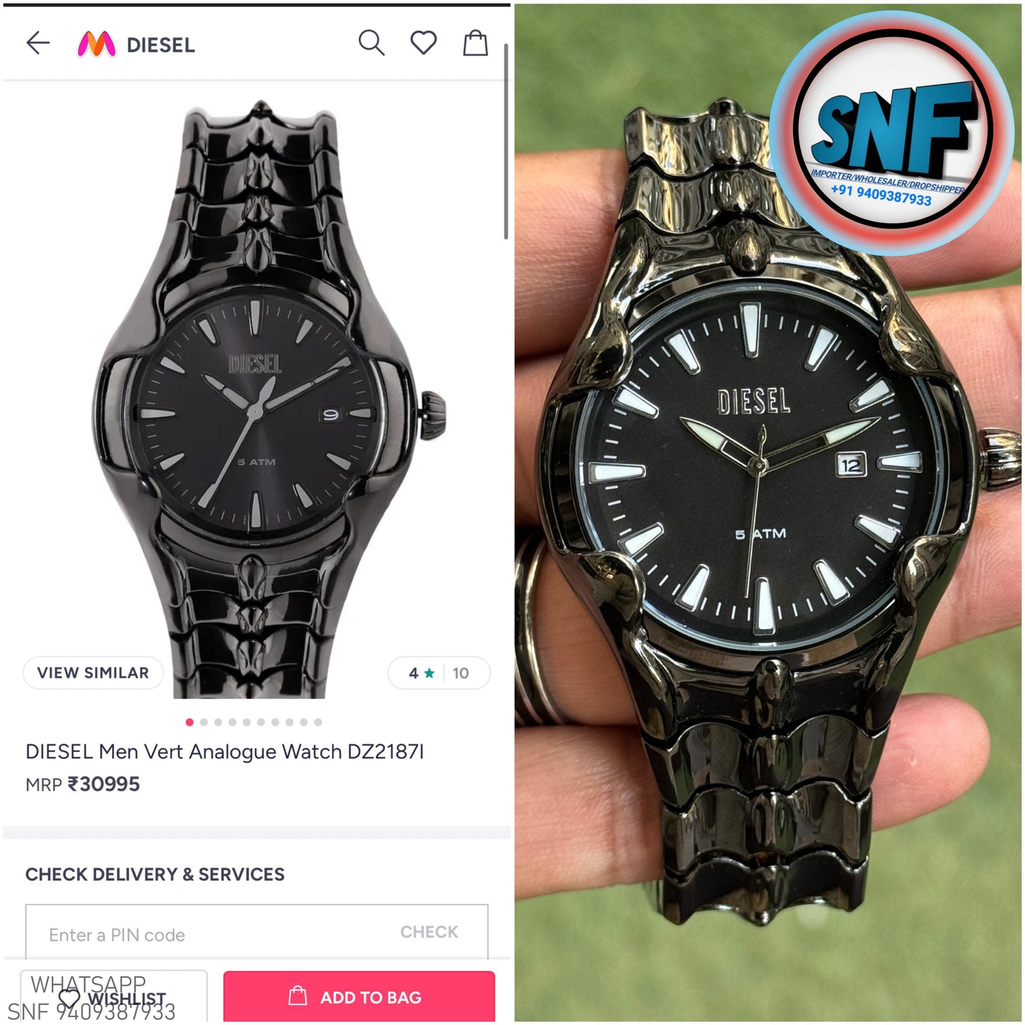 Diesel Black Spine-Shaped Strap Design Vert Collection