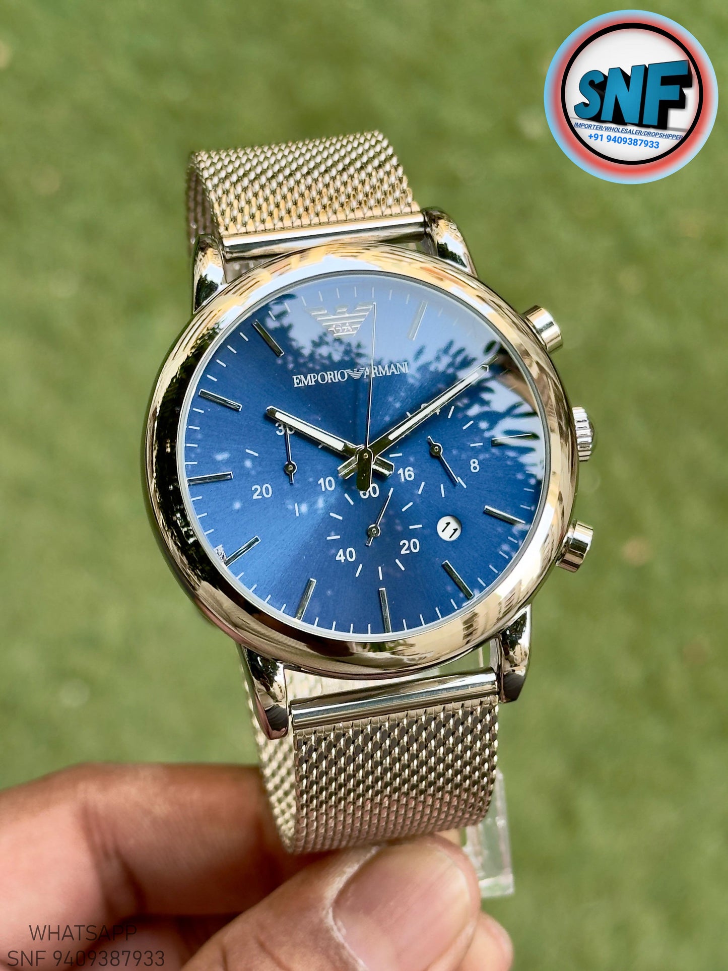 Emporio Armani AR1811 The Sleek Milanese Mesh strap and Bold Blue Dial