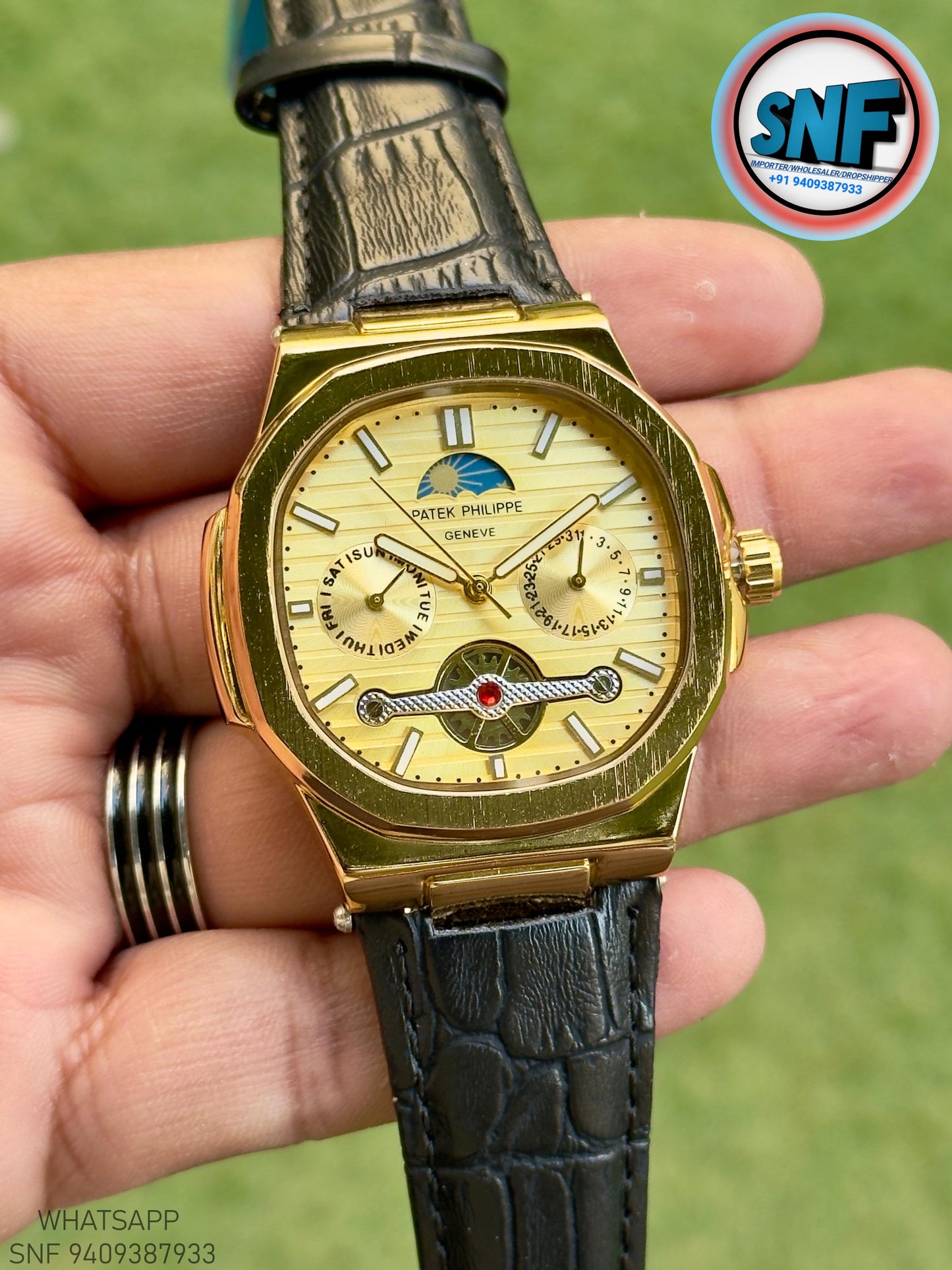 Patek Philippe Moonphase Open-Heart leather Strap Gold Case