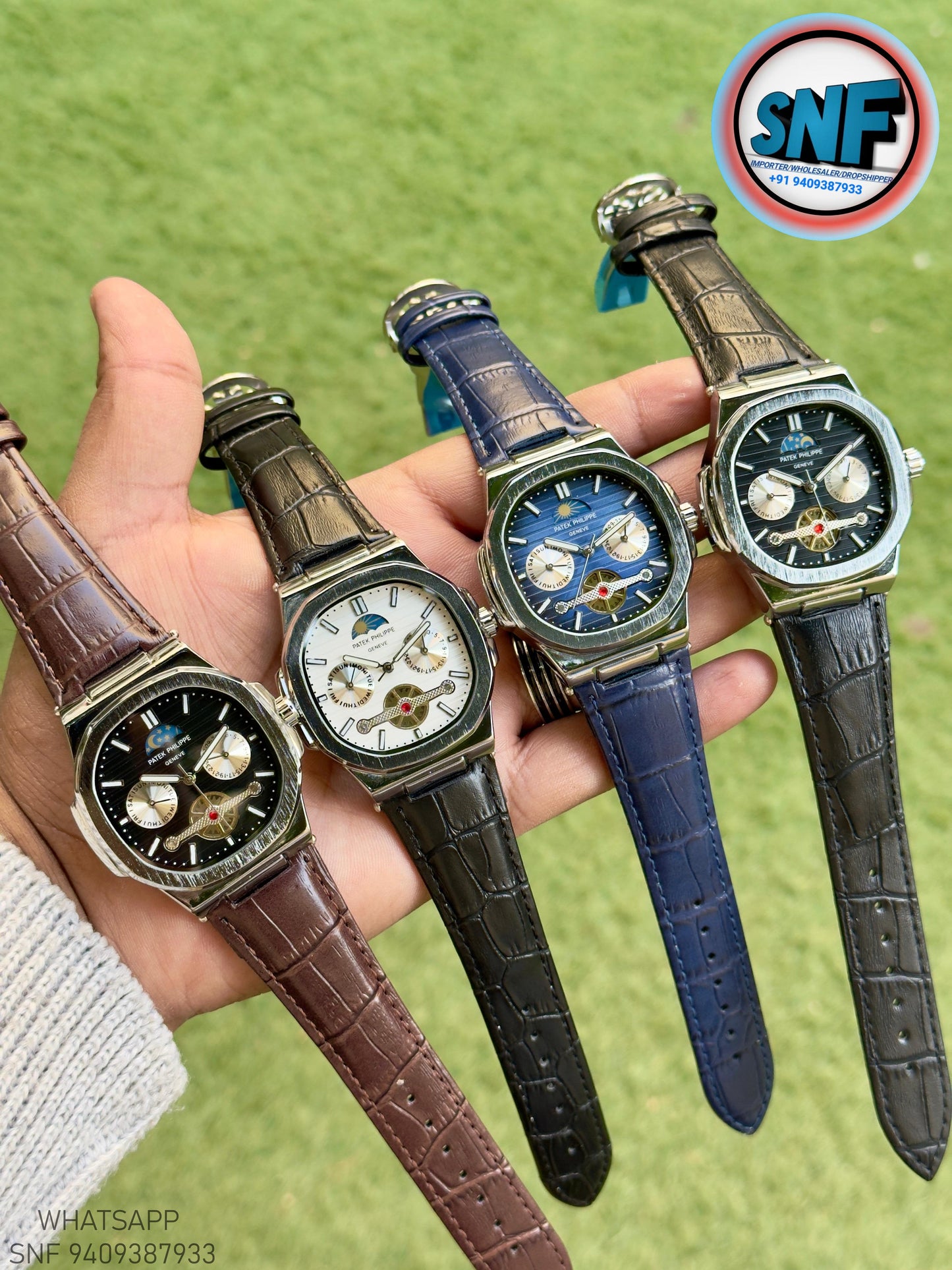 Patek Philippe Moonphase Open-Heart leather Strap Silver Case