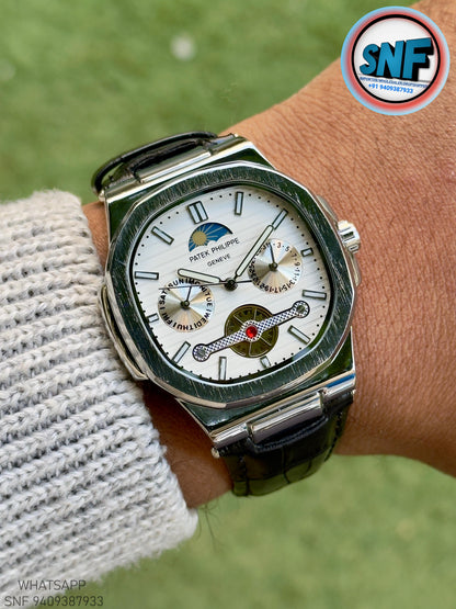 Patek Philippe Moonphase Open-Heart leather Strap Silver Case