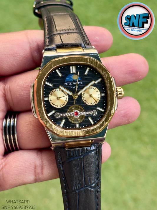 Patek Philippe Moonphase Open-Heart leather Strap Gold Case