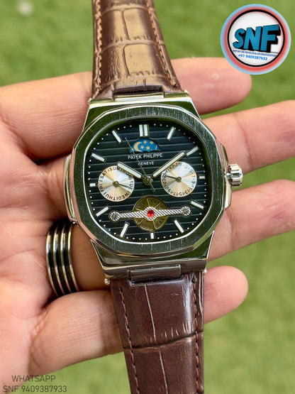 Patek Philippe Moonphase Open-Heart leather Strap Silver Case