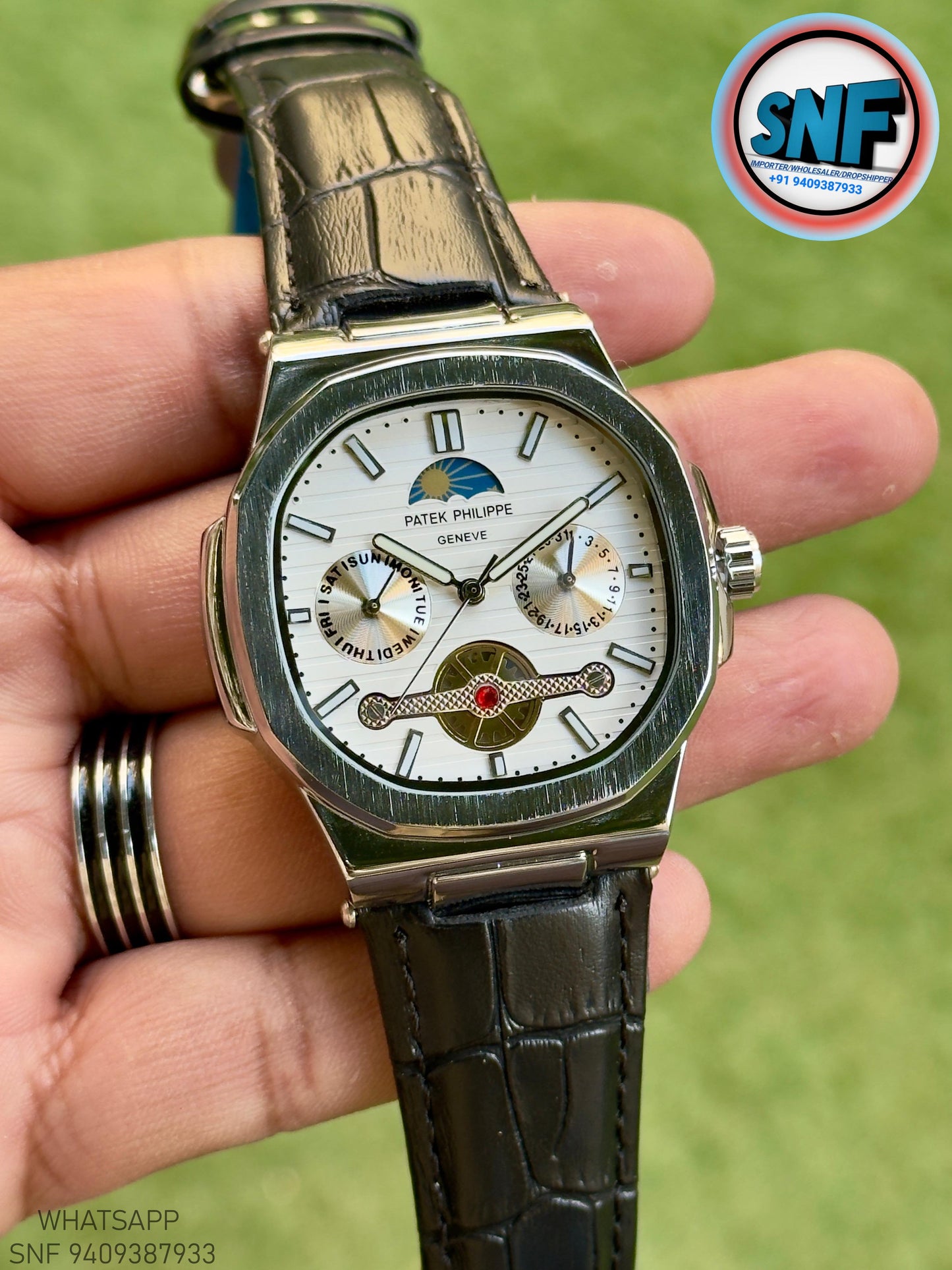 Patek Philippe Moonphase Open-Heart leather Strap Silver Case