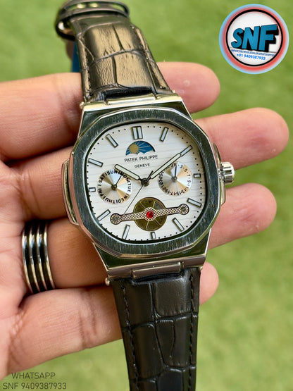 Patek Philippe Moonphase Open-Heart leather Strap Silver Case