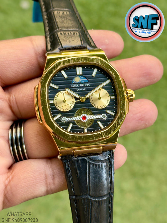 Patek Philippe Moonphase Open-Heart leather Strap Gold Case