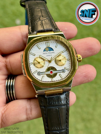 Patek Philippe Moonphase Open-Heart leather Strap Gold Case