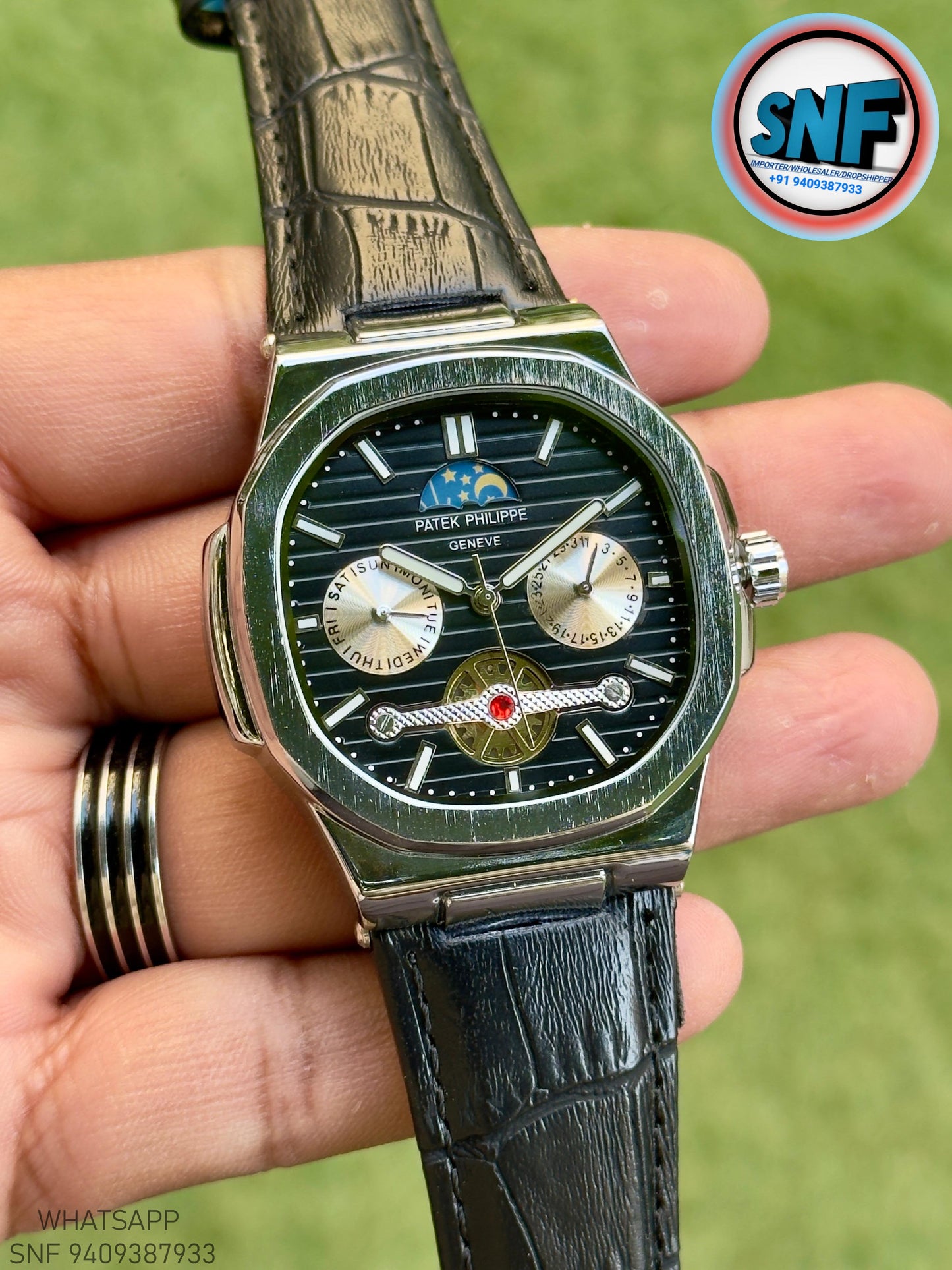 Patek Philippe Moonphase Open-Heart leather Strap Silver Case