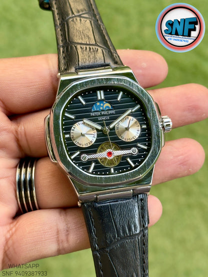 Patek Philippe Moonphase Open-Heart leather Strap Silver Case