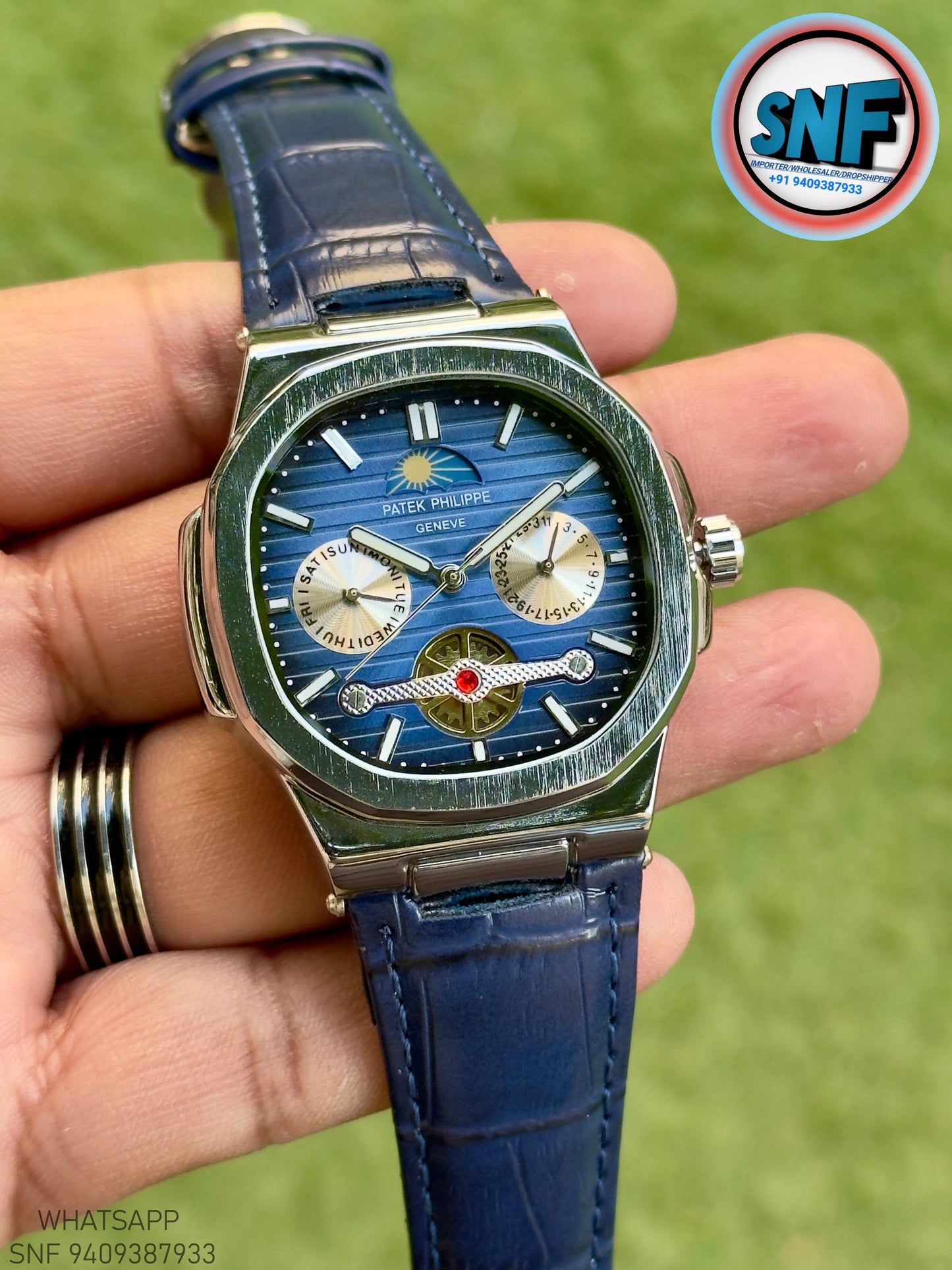 Patek Philippe Moonphase Open-Heart leather Strap Silver Case